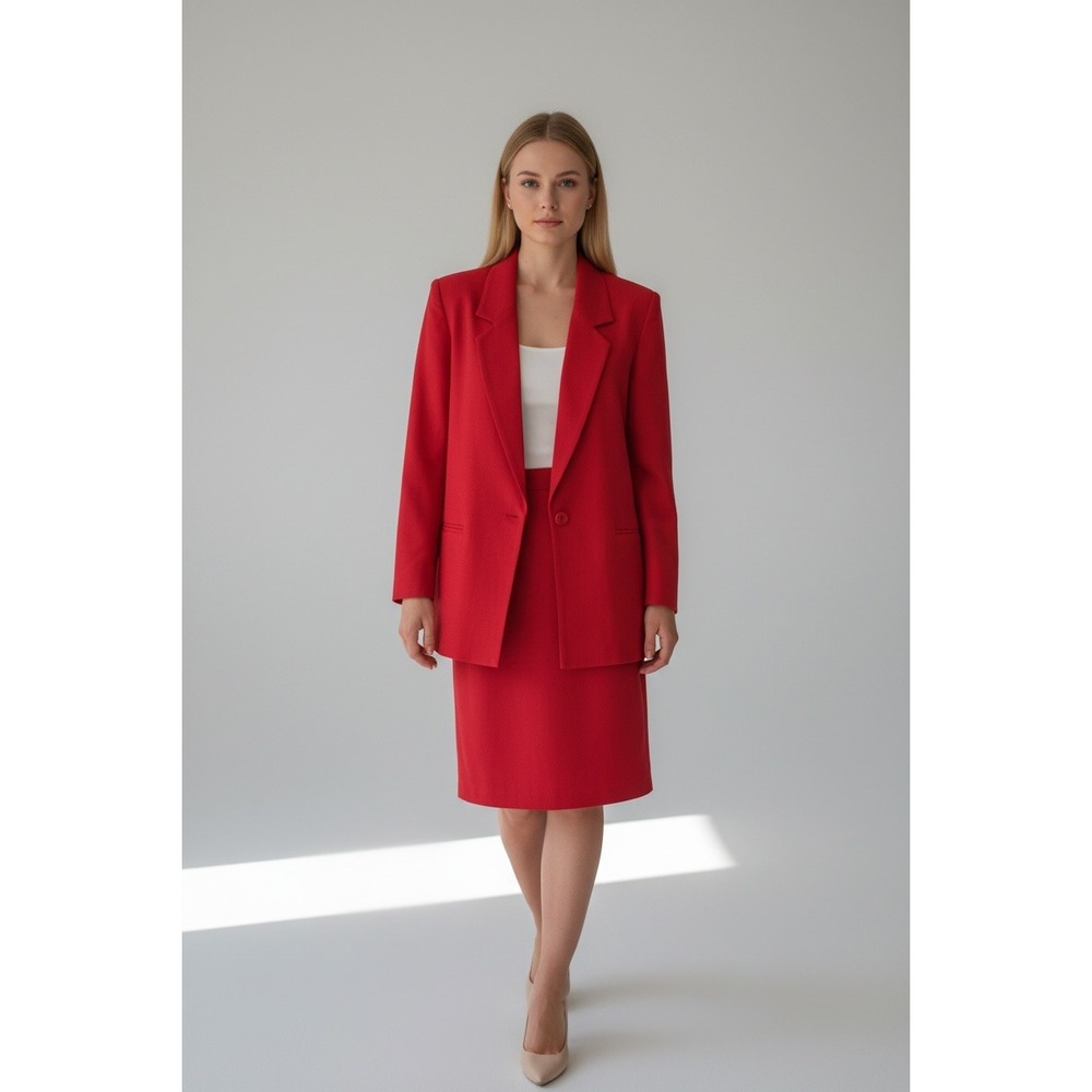Vintage Irene Hill Red Wool Dress Suit Blazer Corpcore Bright Edgy Sz 10/12‎ 80s